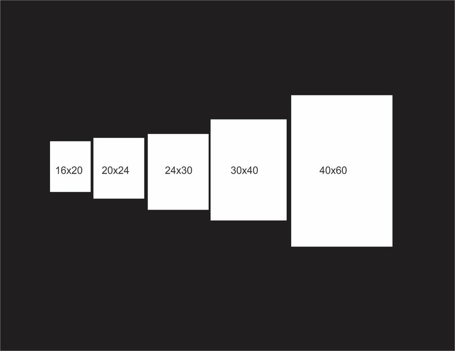 Size comparison: 16x20, 20x24, 24x30, 30x40, 40x60 inches